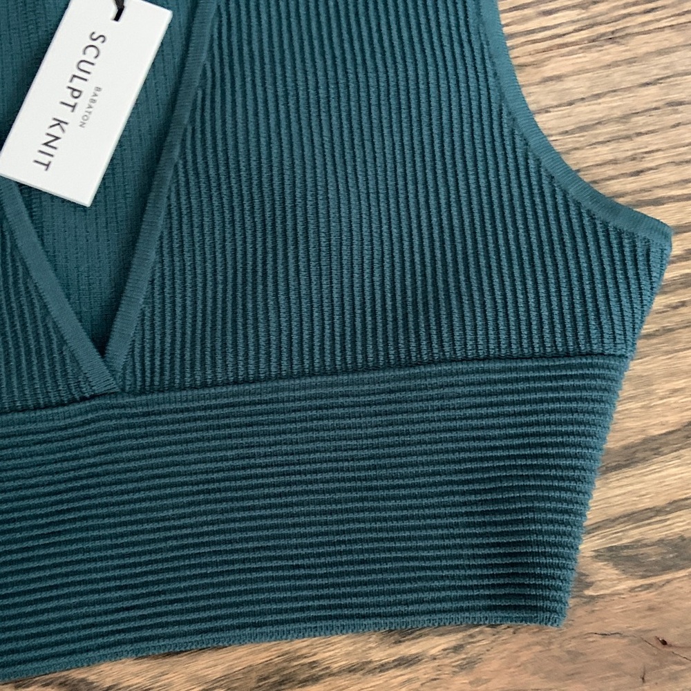 Aritzia Babaton Teal Deep V Sculpt Knit Ribbed Crop Top - Picture 4 of 5